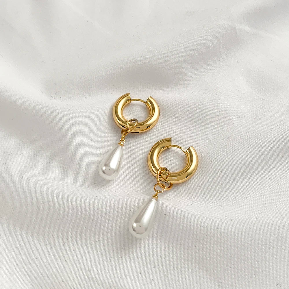 Trendy Asymmetry Pearl Drop Earrings | Stainless Steel Huggie Hoops for Women
