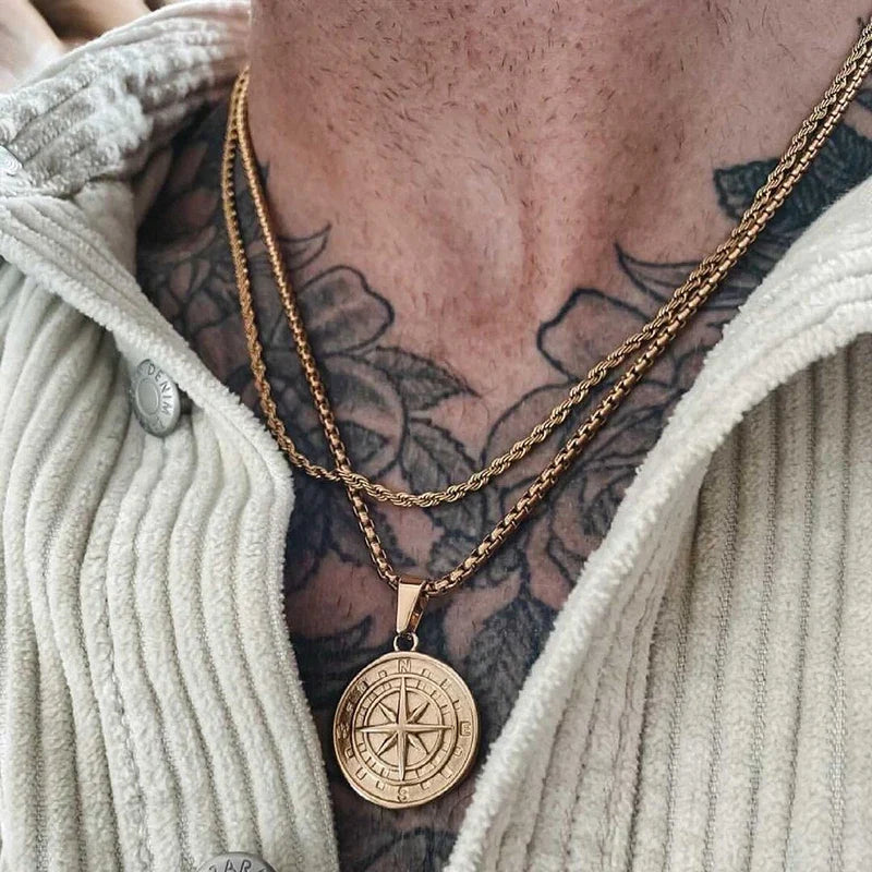 Gold Men's Compass Necklace | Vintage Viking North Star Anchor Stainless Steel Pendant