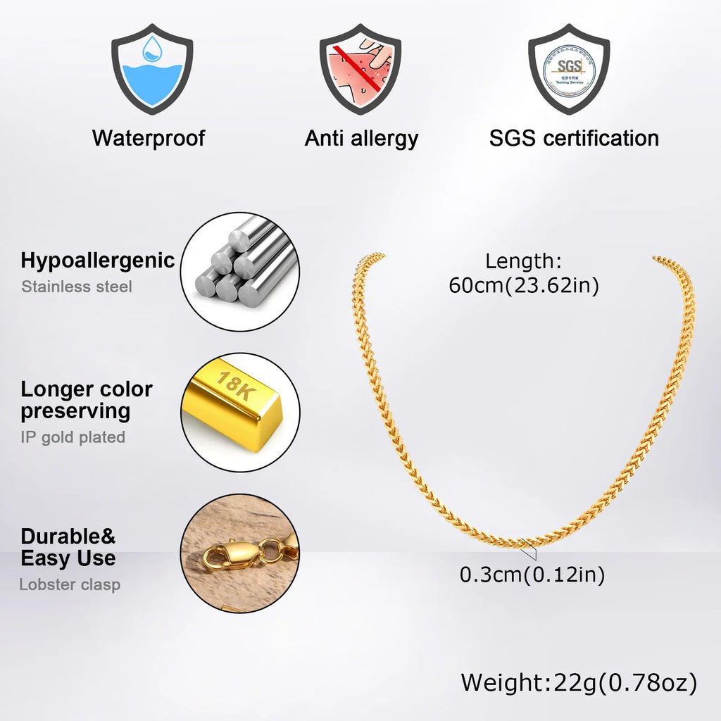 Men's Franco Chain Necklace | 3MM Thick Stainless Steel Gold Necklace
