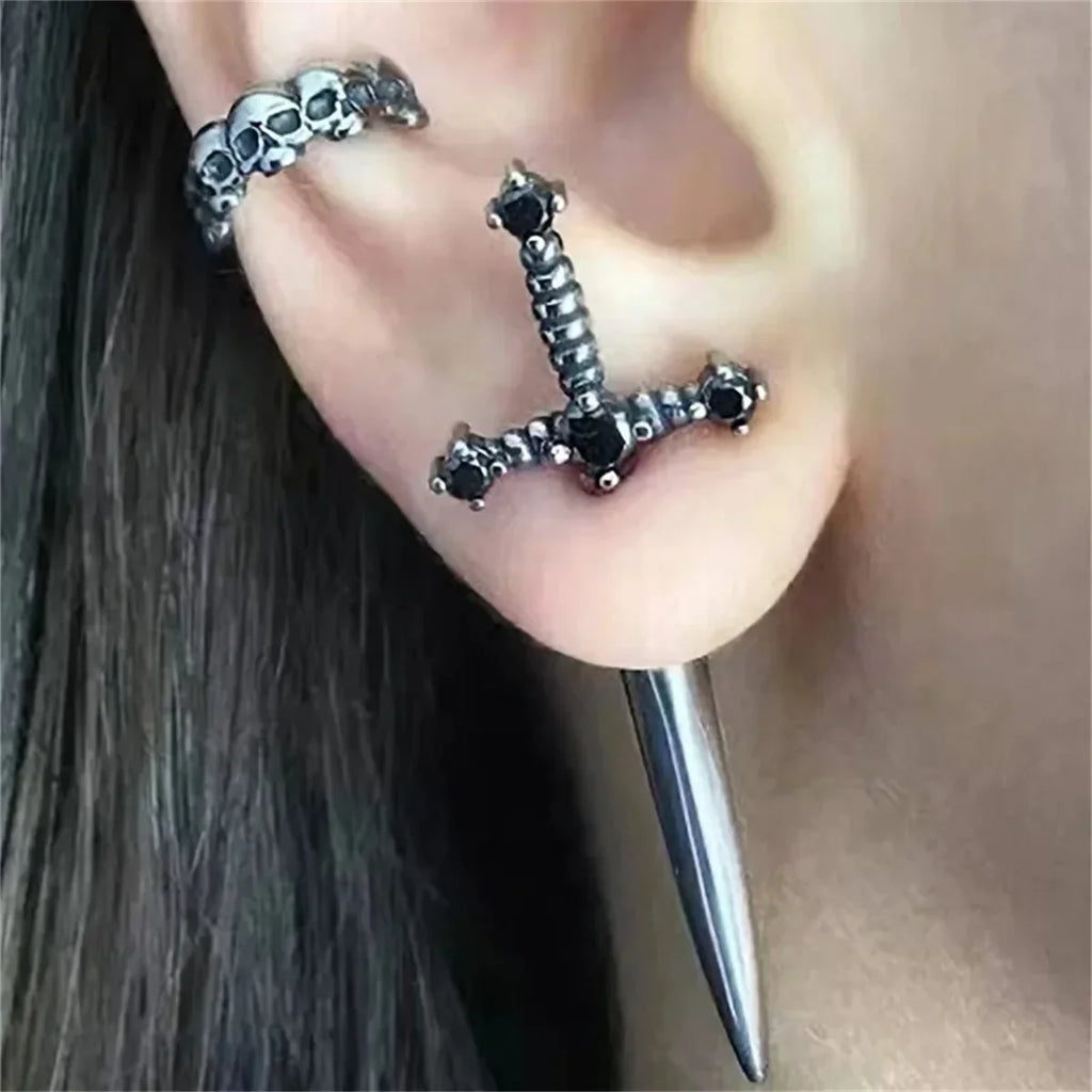 2pcs Gothic Sword Stud Earrings | Vintage Punk Crystal Dagger Ear Jewelry