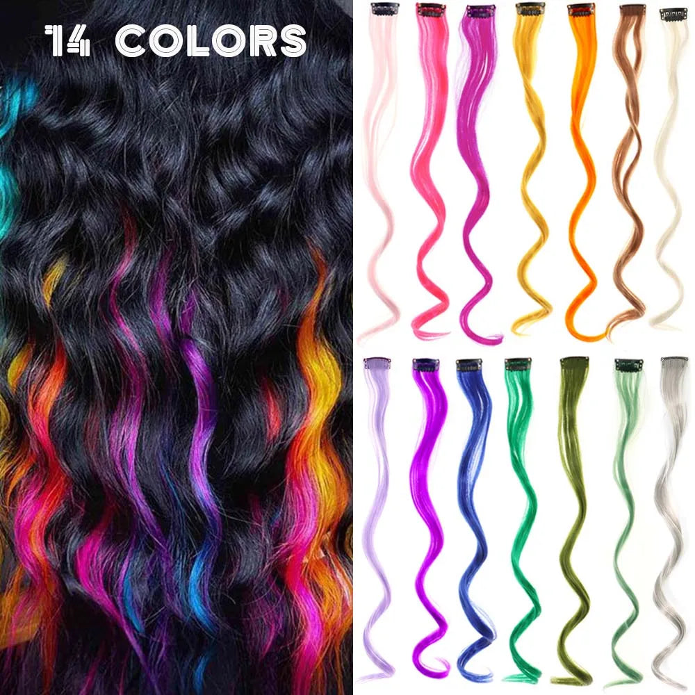 18 Inch Curly Clip In Hair Extensions Set | Colorful Highlight Synthetic Hairpieces