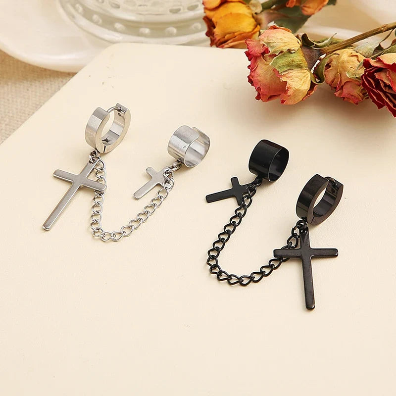 Punk Cross Tassel Earrings | Gothic Hip Hop Chain Stud Earrings