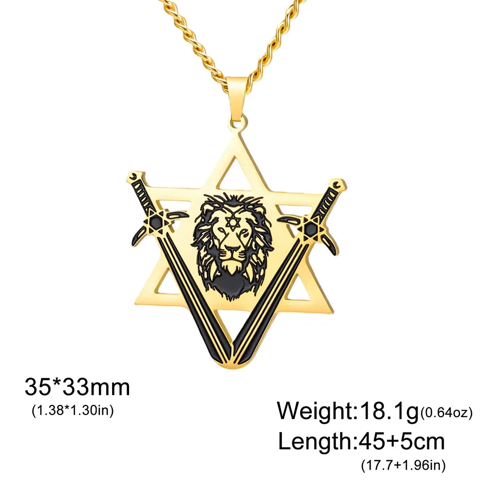 Dawapara Victory Swords Lion of Judah and Star of David Necklace | Judaica Protection Amulet Stainless Steel Jewelry