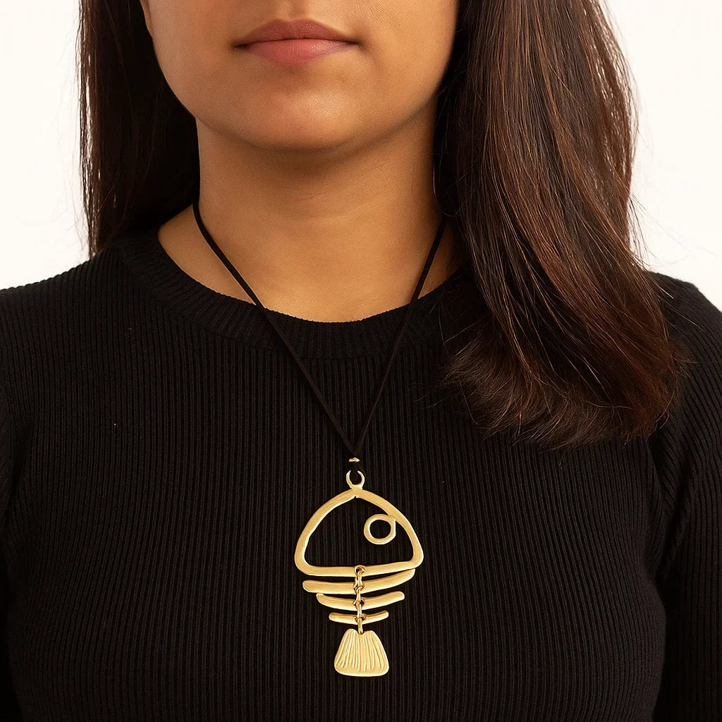 Matte Golden Fishbone Pendant Necklace | Bohemian Punk Long Chain for Women