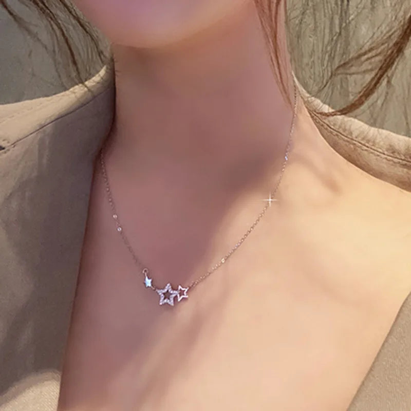 925 Silver Star Necklace for Women | Sweet Cute Zircon Pendant Choker