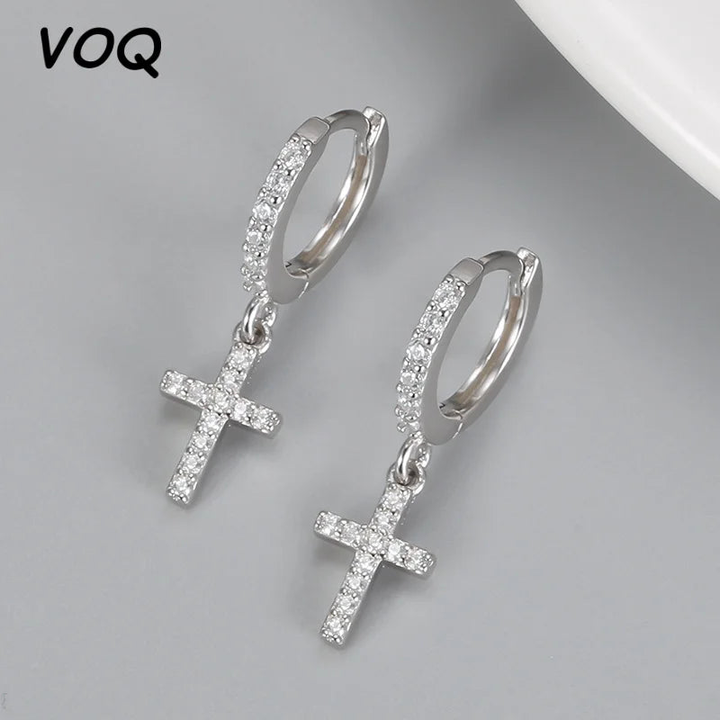 VOQ Silver Color Cross Zircon Pendant Earrings | Trendy Women's Drop Earrings for Daily Wear