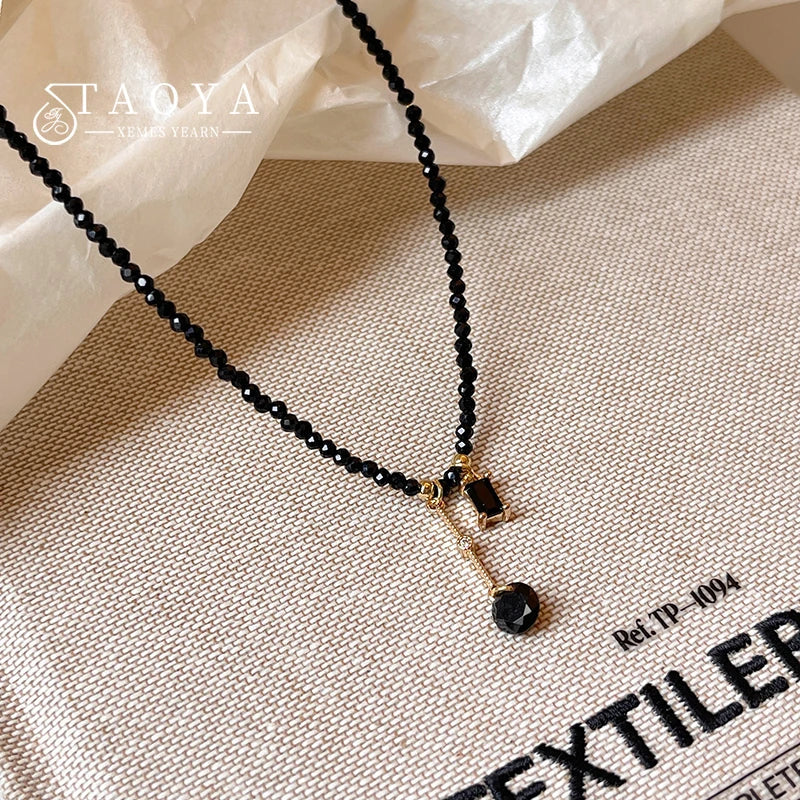 Black Crystal Bead Tassel Necklace | Trendy Collarbone Chain