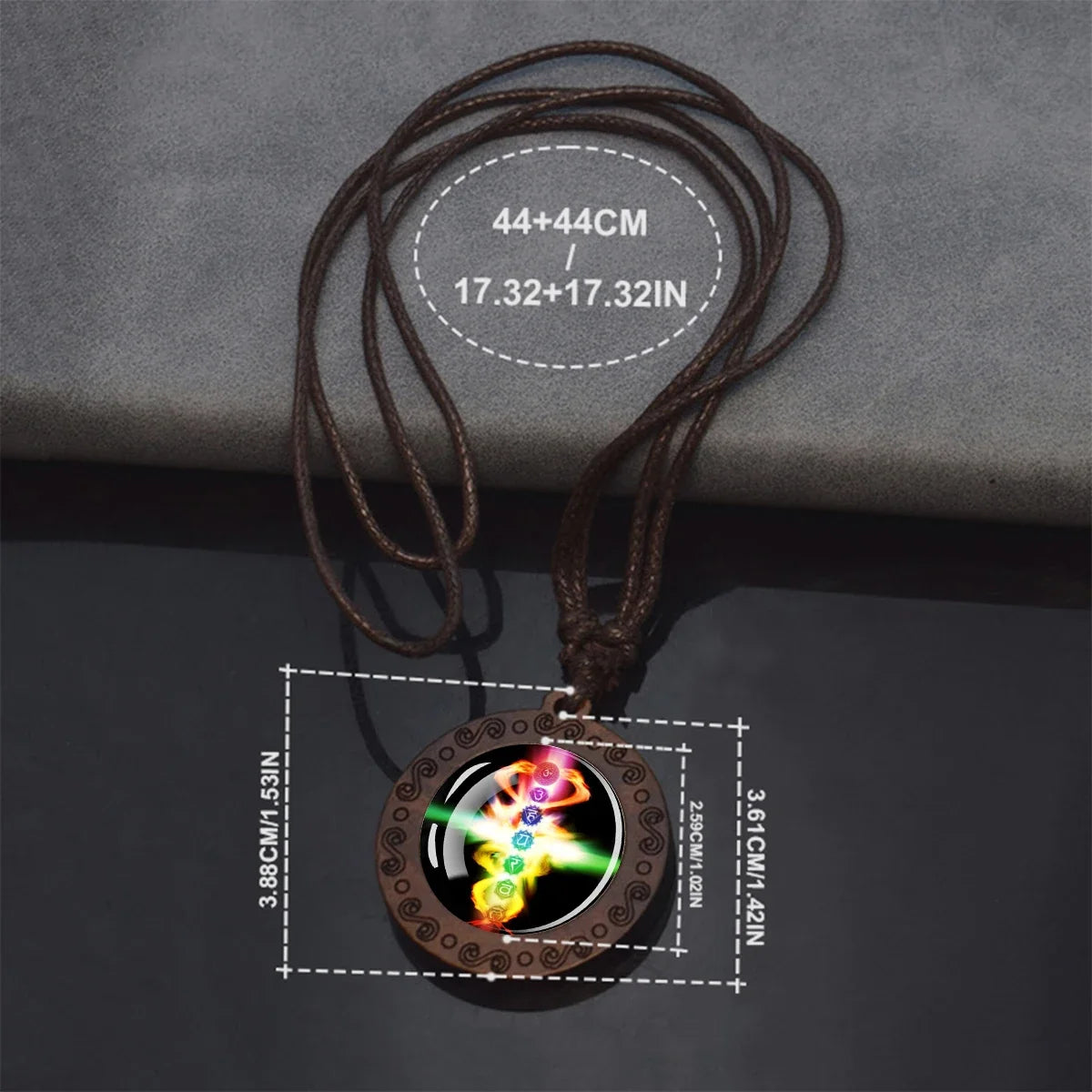 7 Chakra Symbol Glass Wood Pendant Necklace | Unisex Yoga Meditation Jewelry
