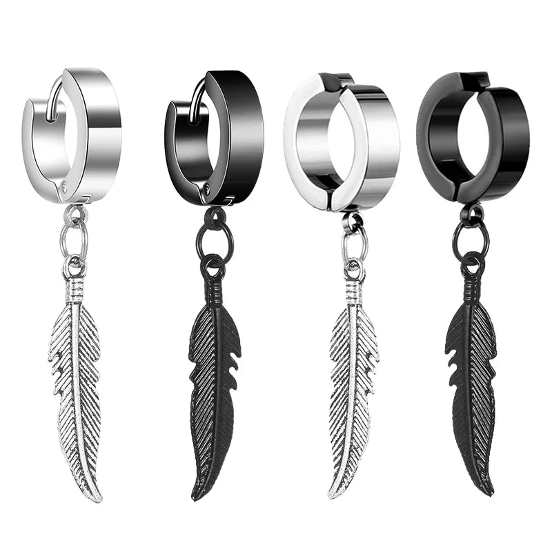 Cross Feather Stud Earrings | Stainless Steel Punk Rock Jewelry for Women and Men