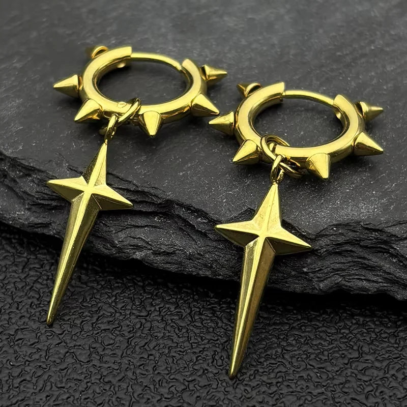 Stainless Steel Star Cross Hoop Earrings | Punk Kpop Y2K Drop Earrings for Women