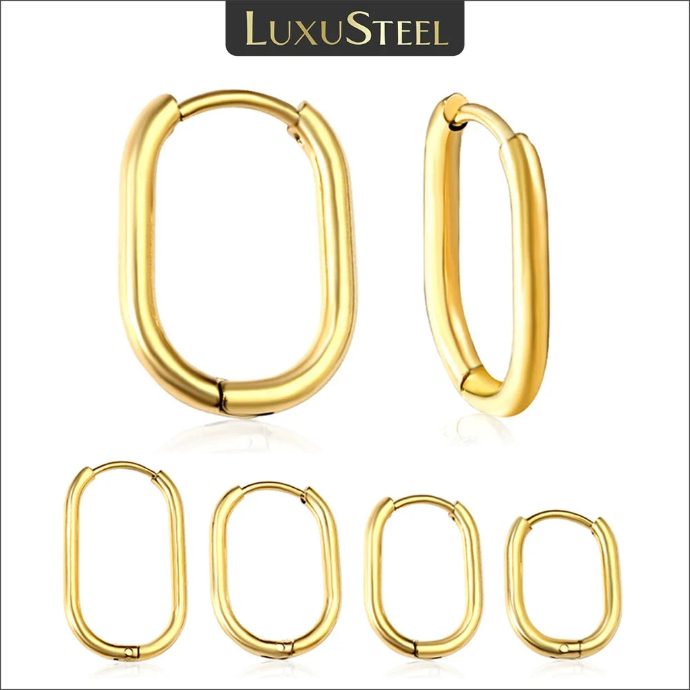 LUXUSTEEL Golden Plated Geometric Oval Hoop Earrings | Unisex Fashion Earrings