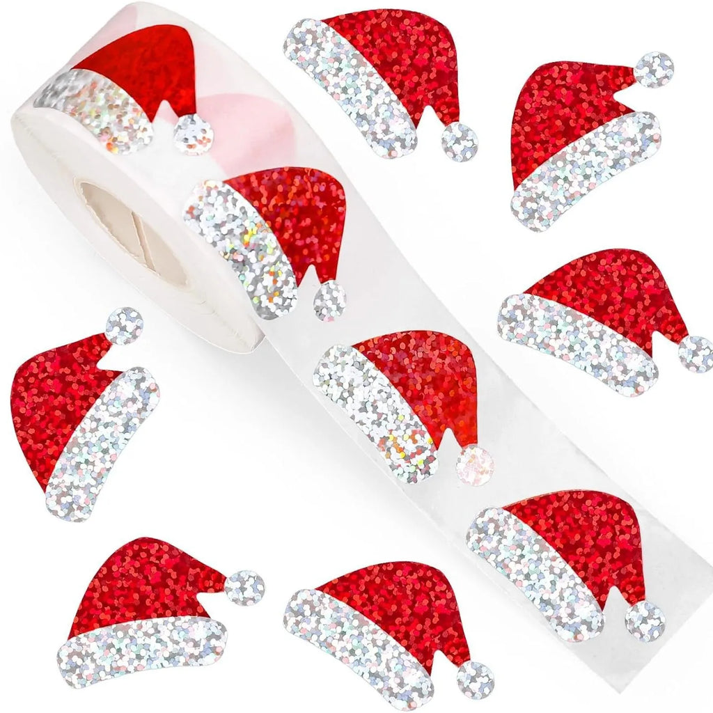 500Pcs Christmas Hat Stickers Roll | Laser Red Santa Hat Seal Stickers for Envelopes and Party Decor
