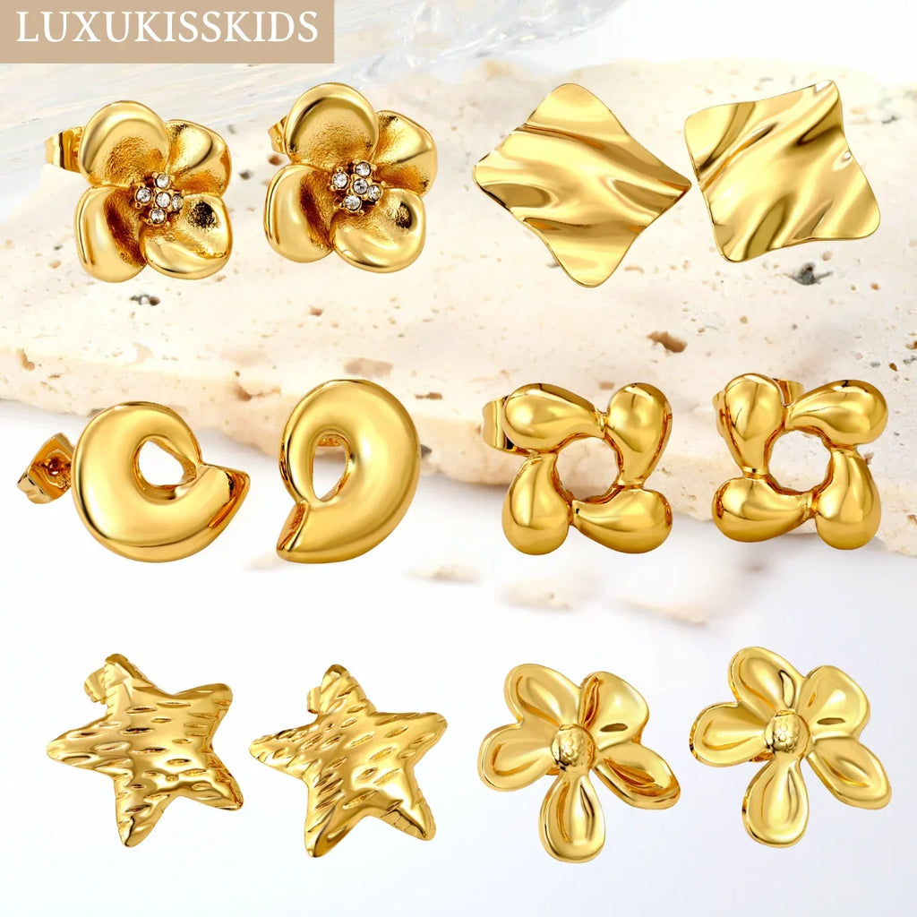 LUXUKISSKIDS Fairy Flower Earrings Stud | Gold-Plated Stainless Steel Piercing Jewelry for Women