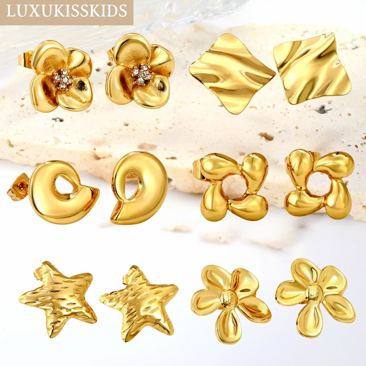 LUXUKISSKIDS Fairy Flower Earrings Stud | Gold-Plated Stainless Steel Piercing Jewelry for Women