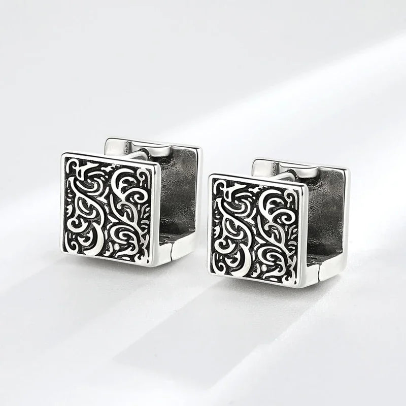 Vintage Ethnic Square Hoop Huggie Earrings | Unisex Geometric Silver-Tone Earrings