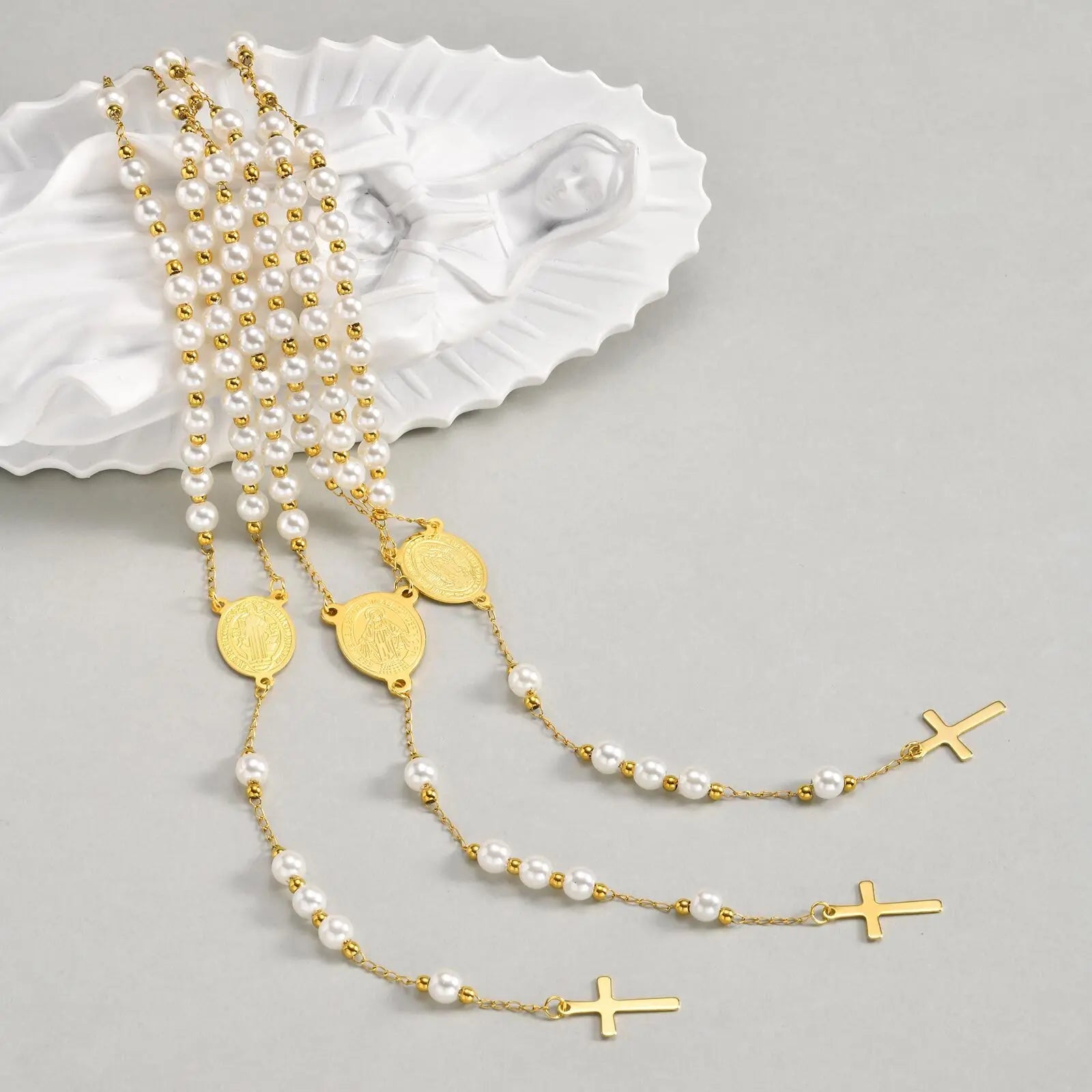Vnox Pearl Rosary Beaded Necklace | Virgin Mary Religious Cross Jewelry for Women