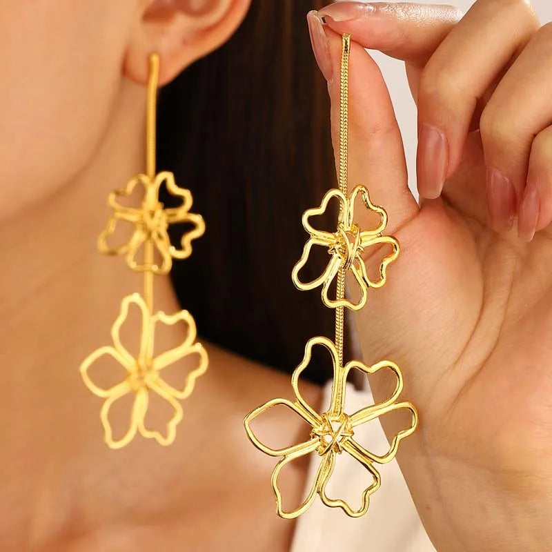 Gold Leaf Drop Earrings | Long Geometric Statement Jewelry for Women