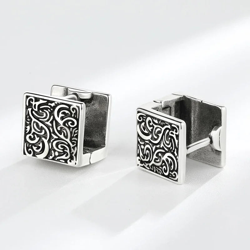 Vintage Ethnic Square Hoop Huggie Earrings | Unisex Geometric Silver-Tone Earrings