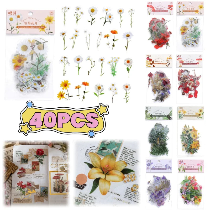 40 Pcs Vintage Plant Flower Stickers | Retro Green Leaf Decal Set for DIY Scrapbooking