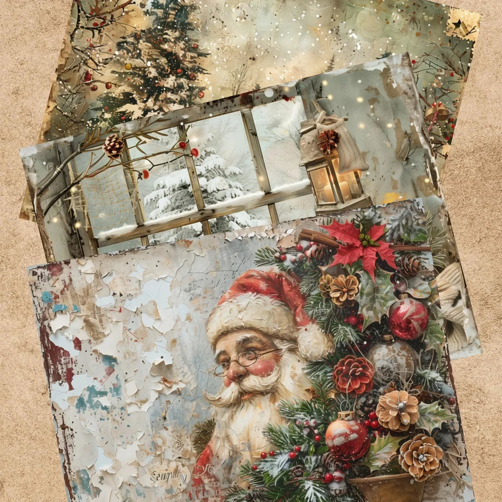 9 Sheets A5 Christmas Retro Santa Girl Vintage Grunge Paper Pack | Scrapbooking Journal Planner