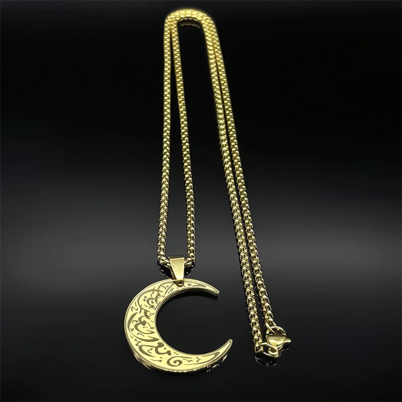 Crescent Moon Islamic Muslim Pendant Necklace | Stainless Steel Gold Color Arabic Quran Chain Amulet Jewelry Gift for Men Women