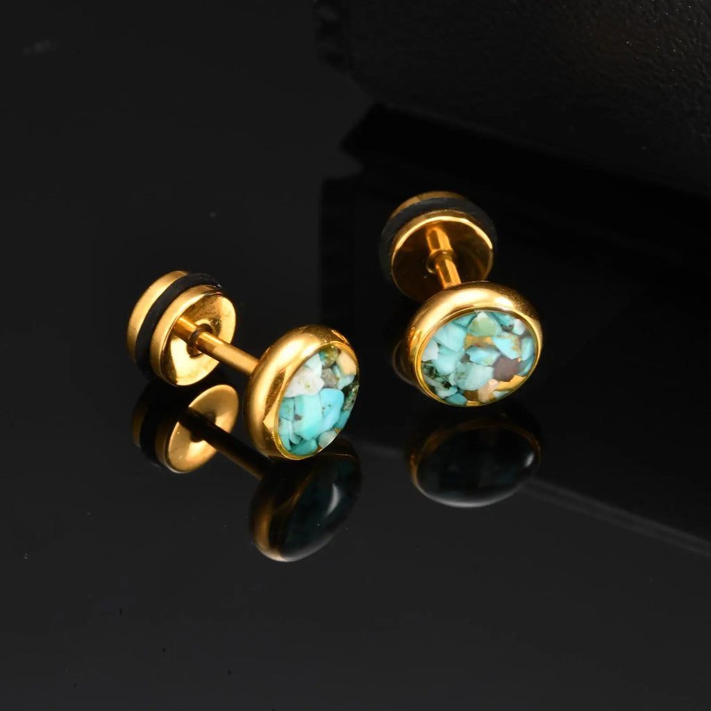 Natural Stone Stud Earrings for Men | Stainless Steel Plated Round Earring Gift