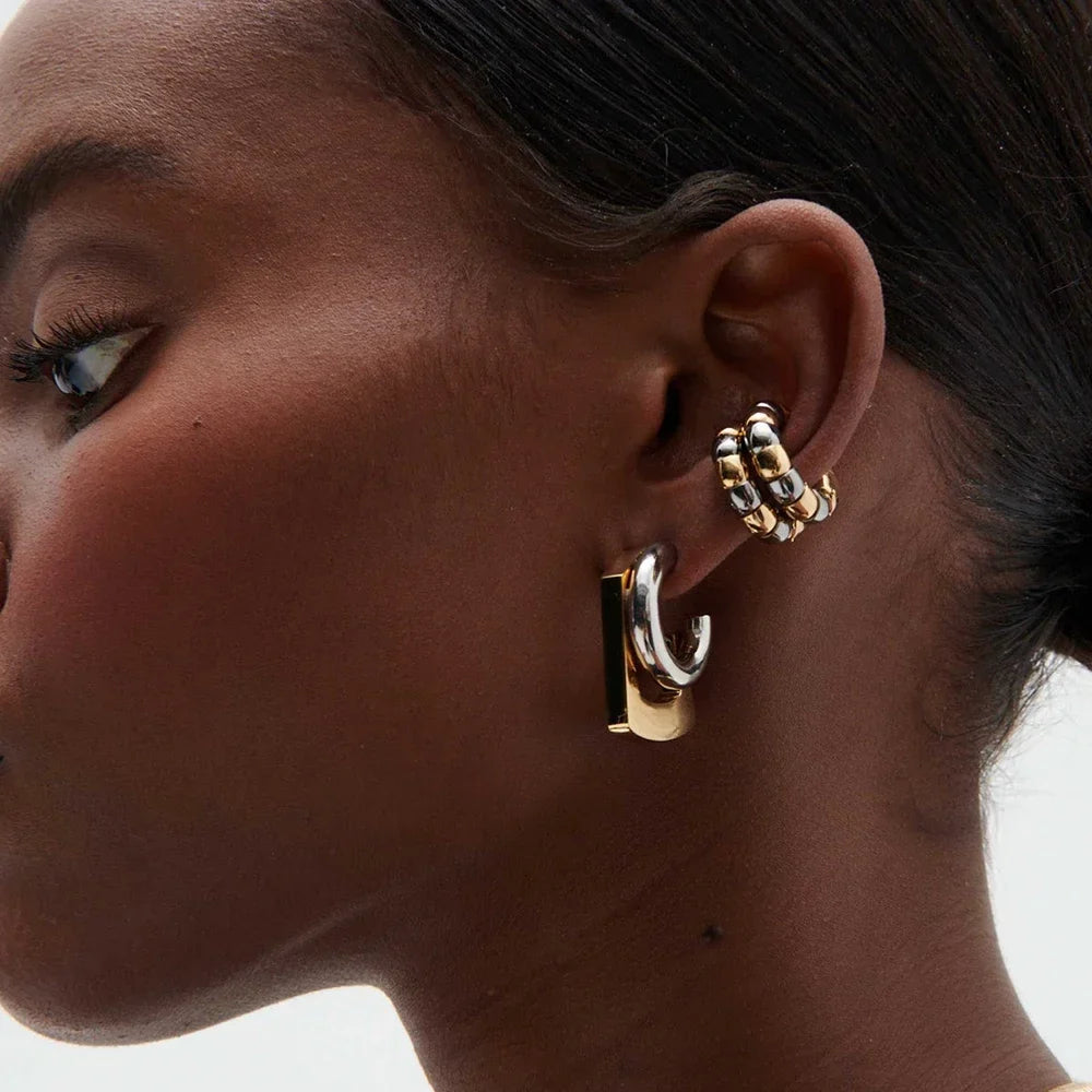 C Shape Hoop Earrings Gold Silver Mix | Trendy Women's Huggie Earrings