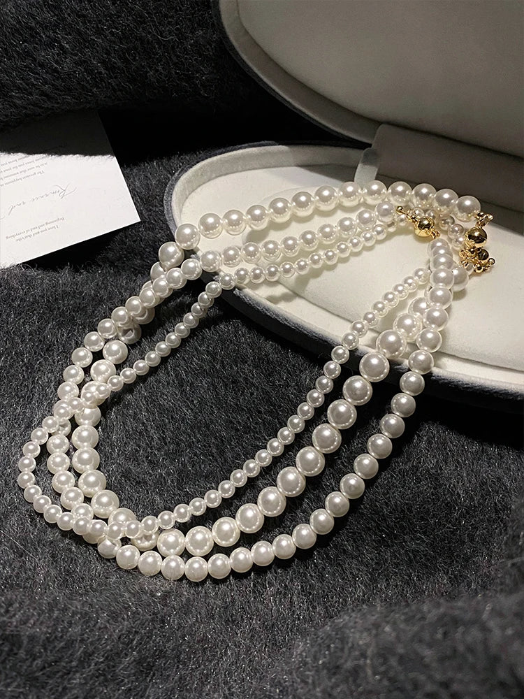 Girl’s Imitation Pearl Magnetic Round Buckle Beaded Choker Necklace | Elegant Collarbone Jewelry for Women