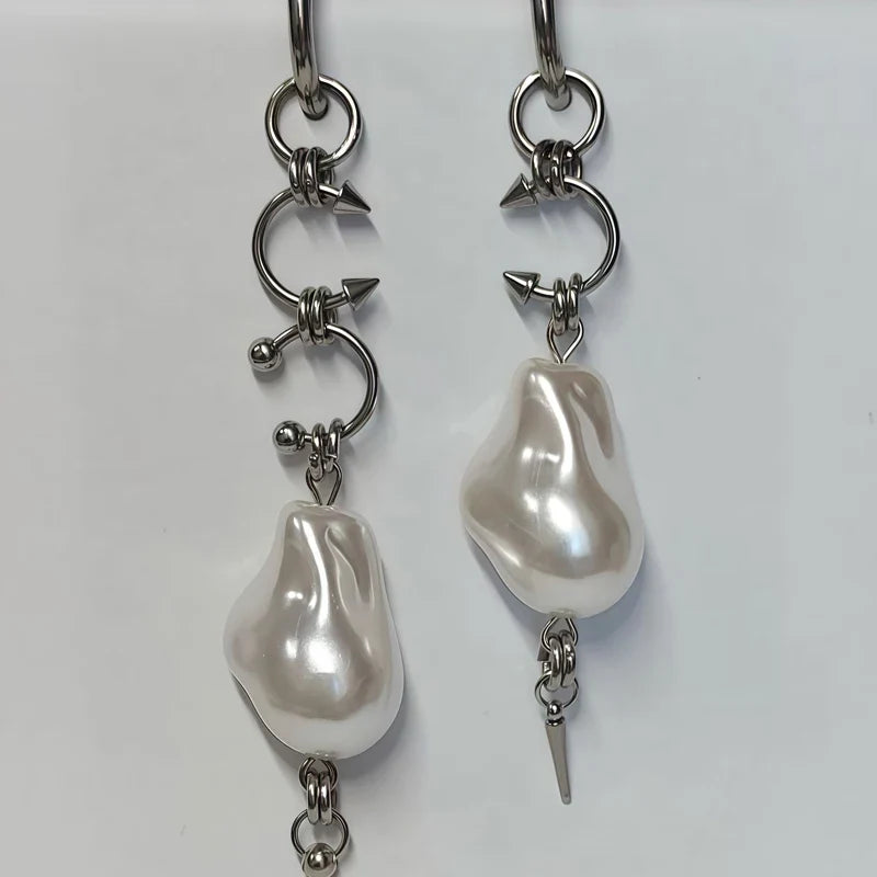 Korean Fashion Irregular Pearl Rivet Earrings | Punk Charm Aesthetic Geometric Earrings