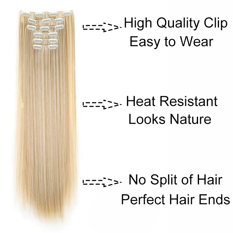 Synthetic 24 Inch Clip In Hair Extensions | Long Straight Blonde Black Heat Resistant Daily Use