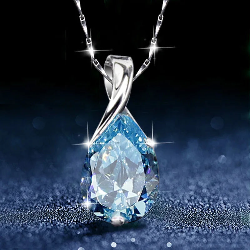 LiHong S925 Sterling Silver Necklace | Angel Tears Blue Topaz Crystal Pendant for Women