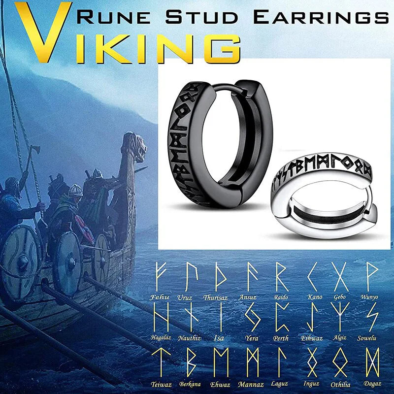 1Pair 12mm Norwegian Viking Rune Hoop Earrings | 316L Stainless Steel Huggie Hoop Earrings for Men and Women