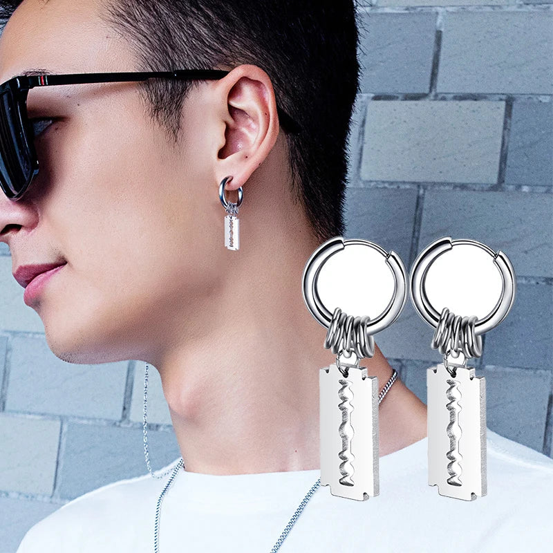 Vintage Razor Hollow Drop Earrings | Stainless Steel Punk Dangle Earrings for Men and Women