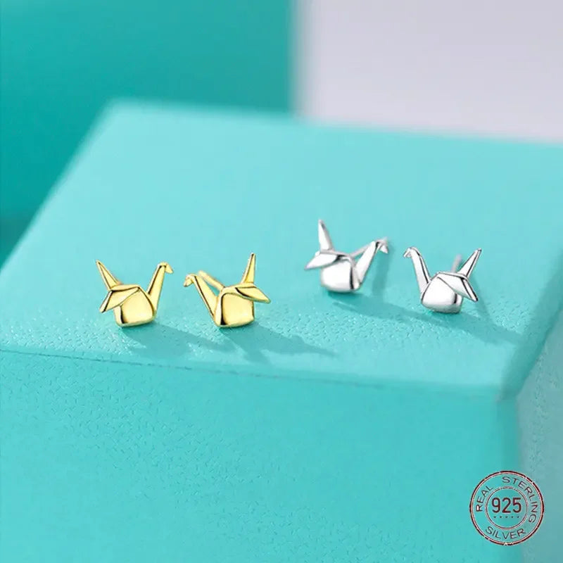 925 Sterling Silver Paper Crane Stud Earrings | Cute Mini Piercing Earrings for Women