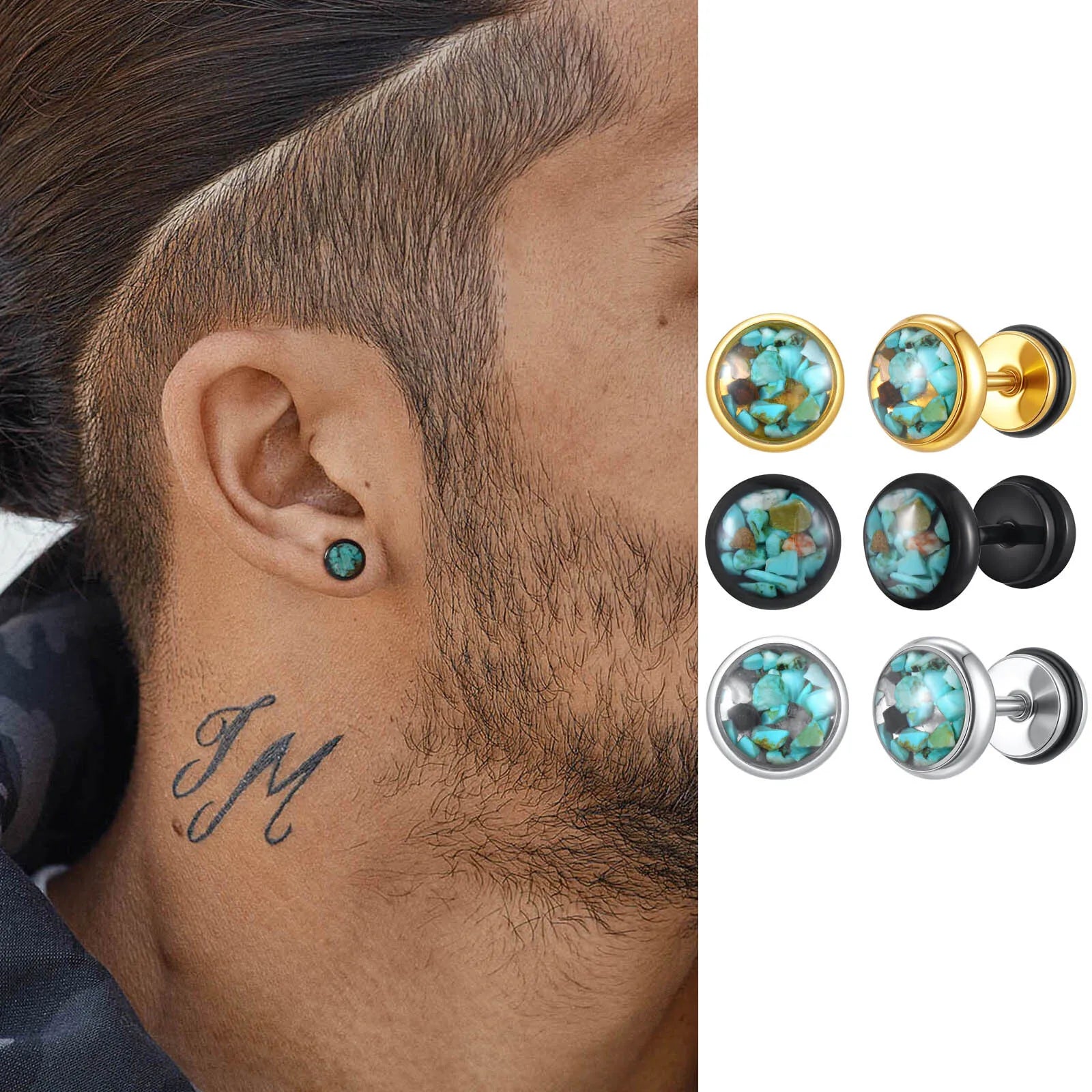 Natural Stone Stud Earrings for Men | Stainless Steel Plated Round Earring Gift