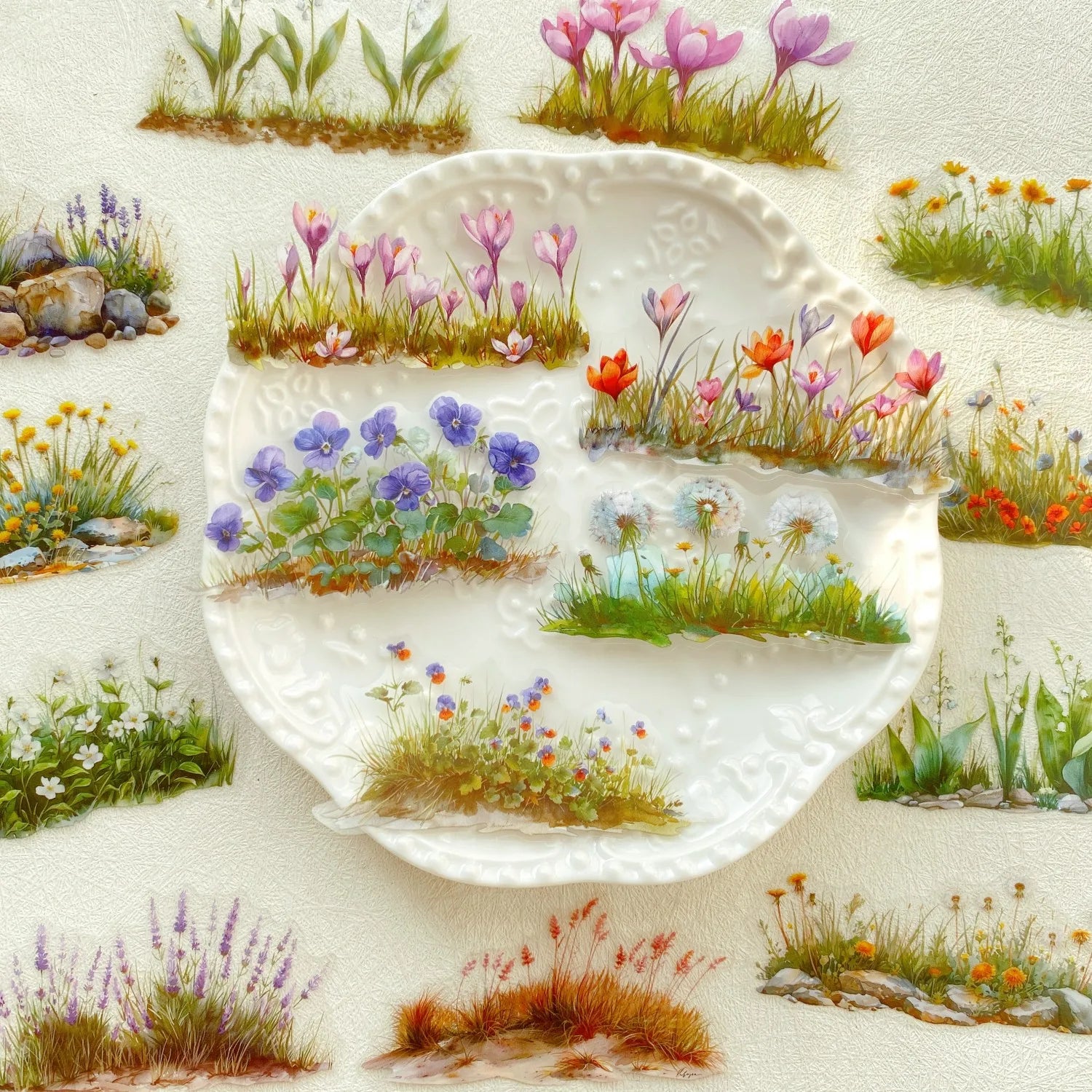 20pcs Flower PET Stickers for Scrapbooking | Green Plants Decorative Stickers