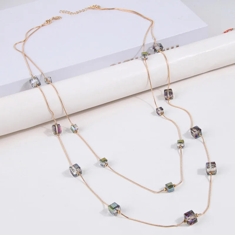 Gold Square Bead Sweater Chain Necklace | Double Layer Glass Pendant Jewelry for Women