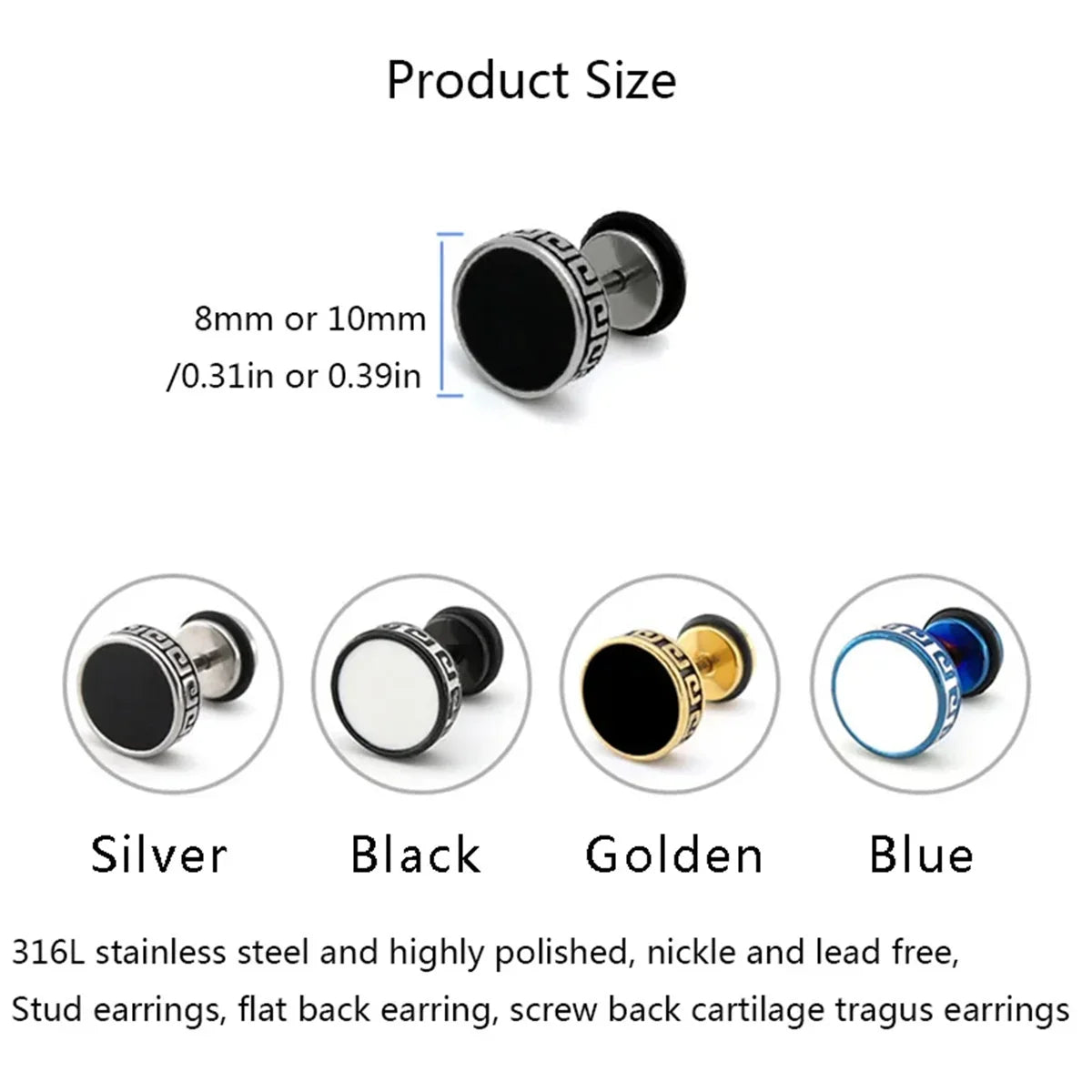 2pcs 316L Stainless Steel Vintage Flat Back Stud Earrings | Unisex Screw Back Cartilage and Tragus Piercing Jewelry