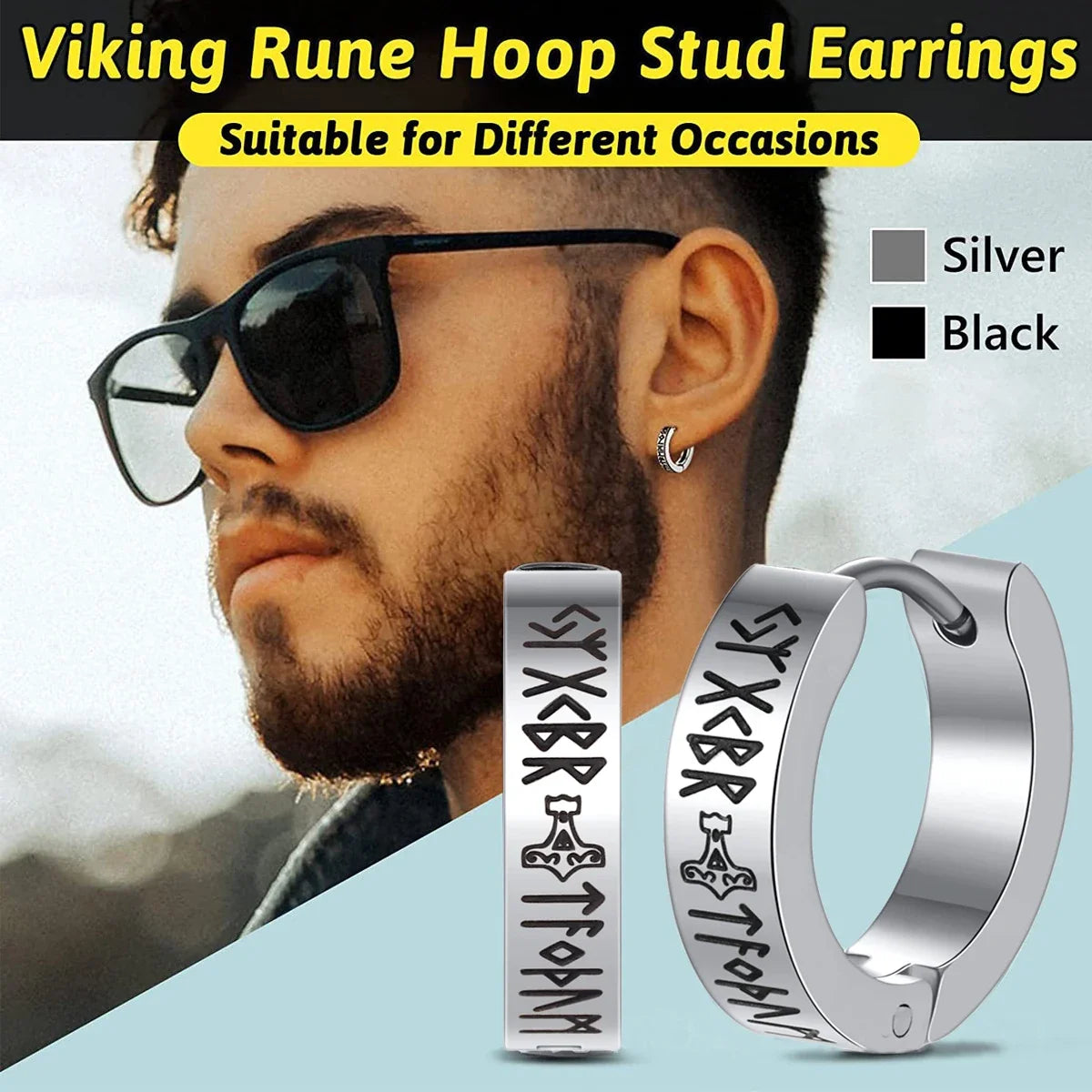 Norse Viking Runes Hoop Earrings | Stainless Steel Huggie Earrings for Men and Women