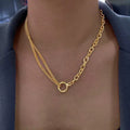 Oval Cable Link With Double Cuban Chain Necklace | Stainless Steel Fashion Open Circle Pendant