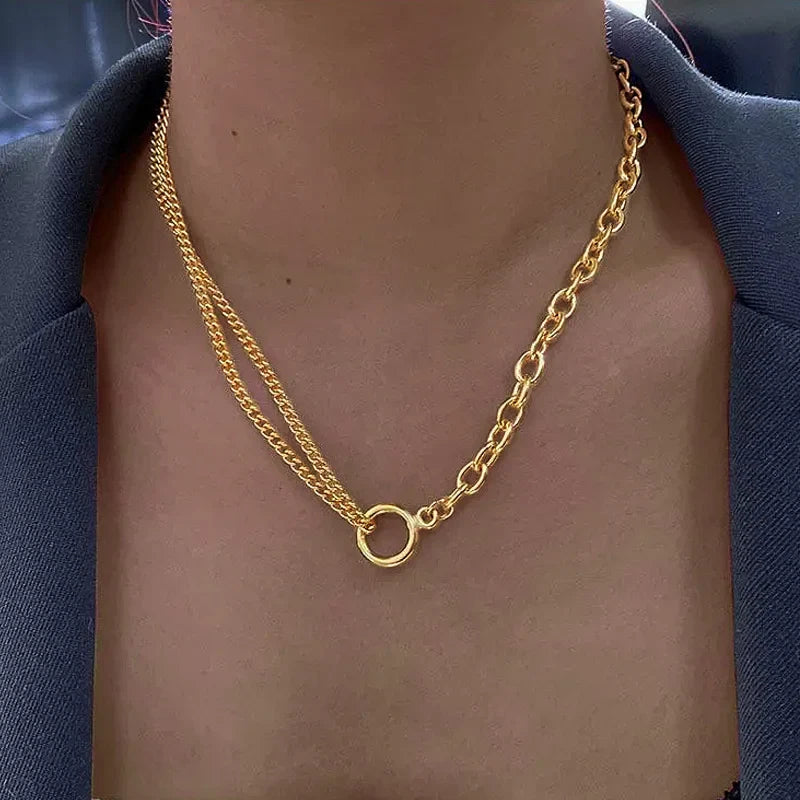 Oval Cable Link With Double Cuban Chain Necklace | Stainless Steel Fashion Open Circle Pendant