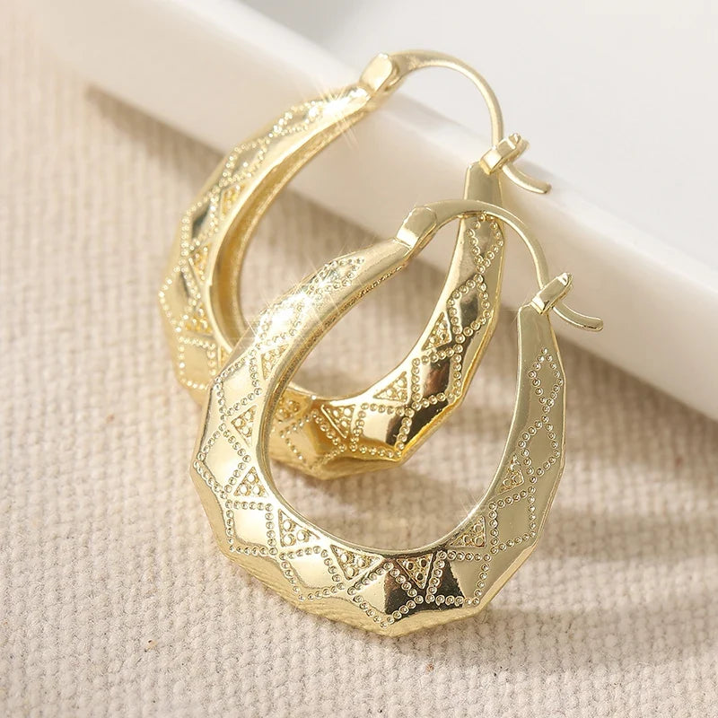 Vintage Oval Golden Hoop Earrings | Hand Carved Patterned Drop Earrings