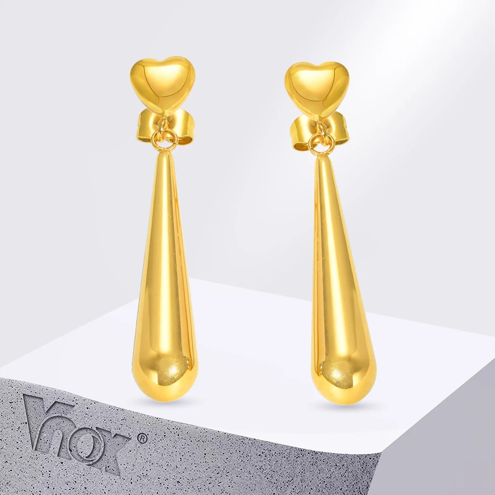 Vnox Sweet Heart Long Tear Drop Earrings | Stainless Steel Water Droplet Piercing Jewelry for Women