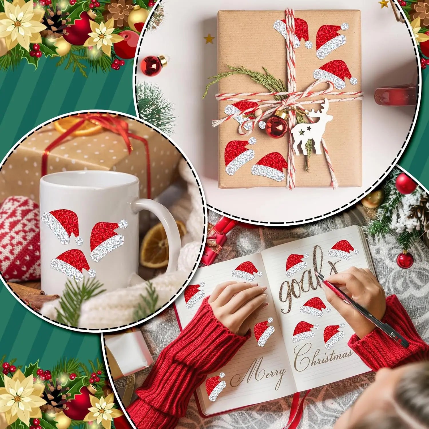 500Pcs Christmas Hat Stickers Roll | Laser Red Santa Hat Seal Stickers for Envelopes and Party Decor