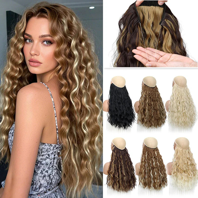 Long Synthetic Fishing Line Hair Extensions Elegant Water Wave Curly Styles for Women | Lightweight Fluffy-Looking Hairpiece