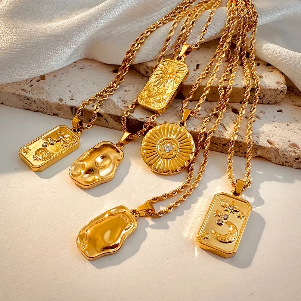 Vintage Gold Pendant Necklace | Hammered Moon Star Stainless Steel Jewelry