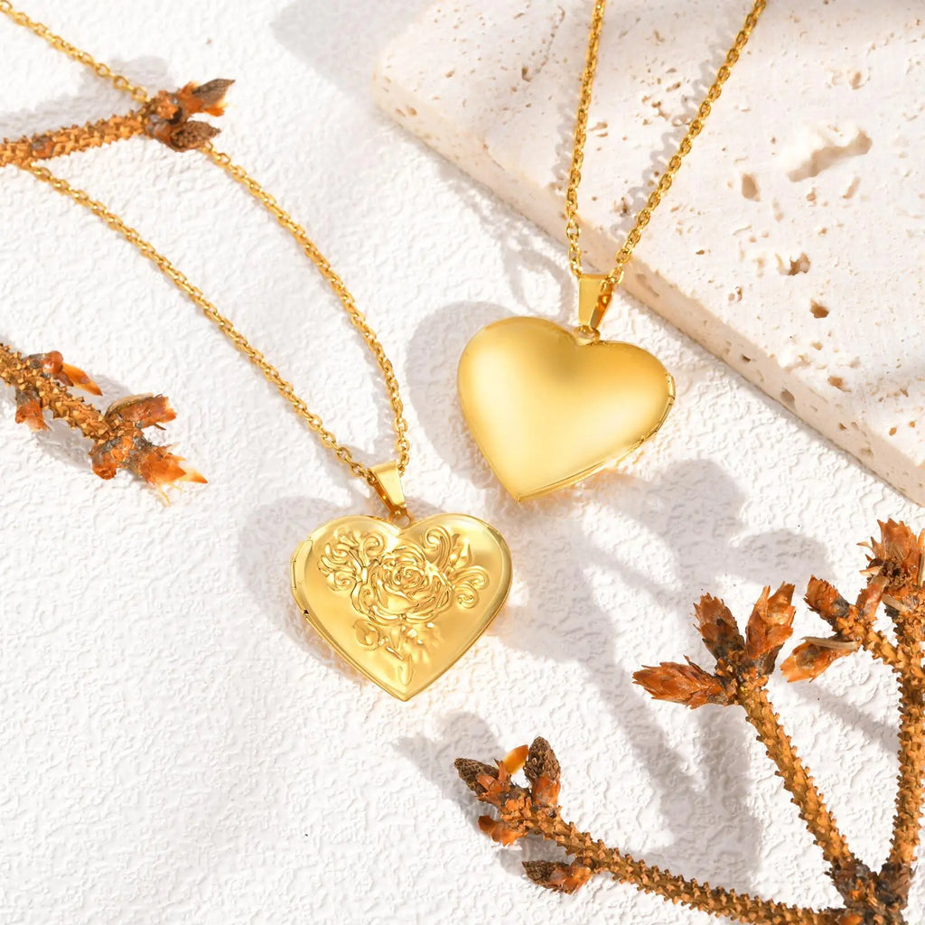 Gold Heart Locket Necklace with Photo Frame | Stainless Steel Jewelry for Women