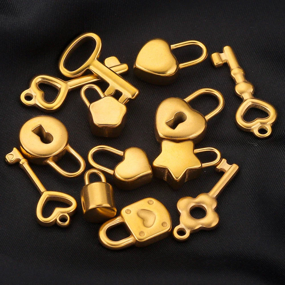 Gold Plated Heart Lock Key Pendant Set | 5pcs Stainless Steel Charms for DIY Jewelry
