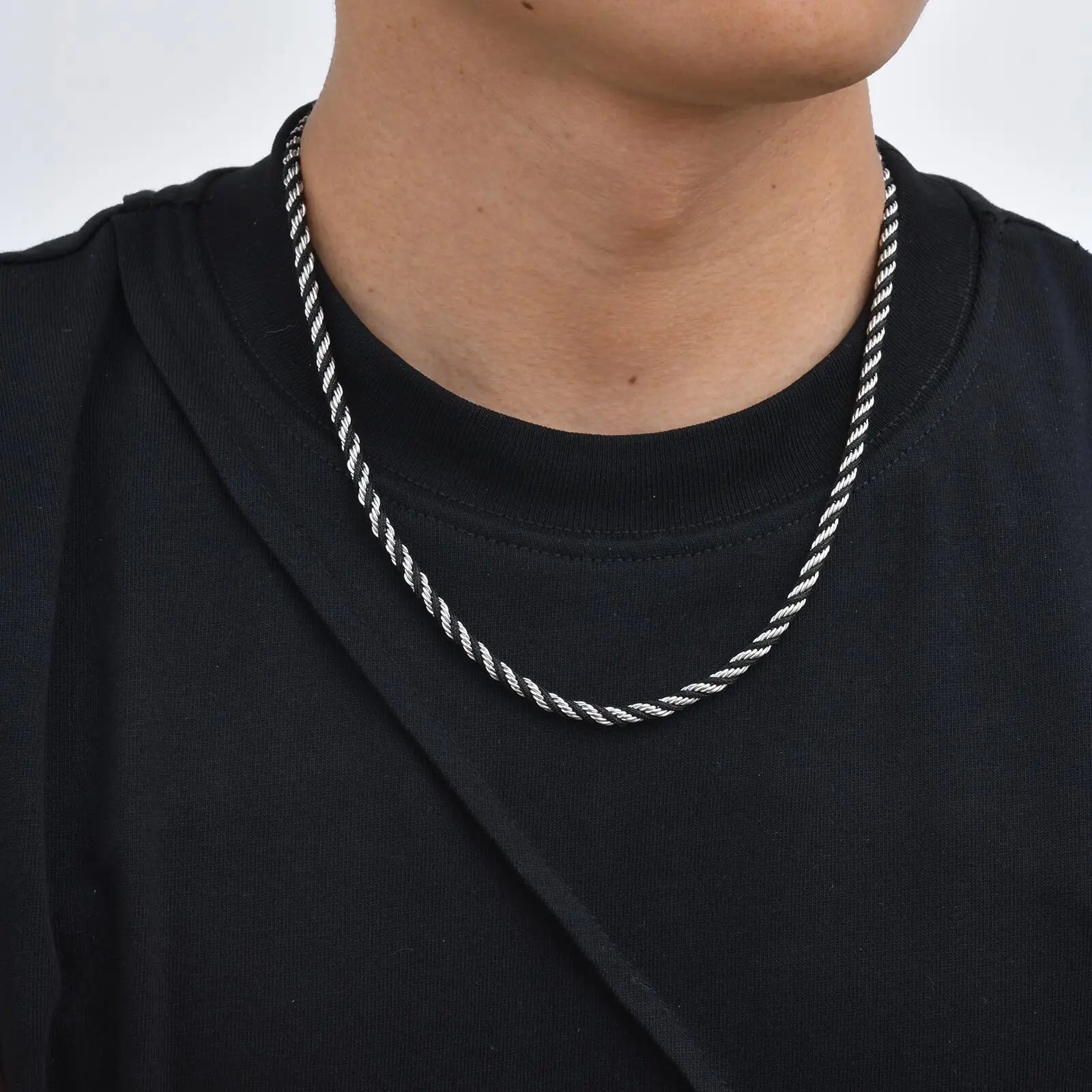 Men's Twisted Chain Necklace | Black Silver Stainless Steel Rope Link
