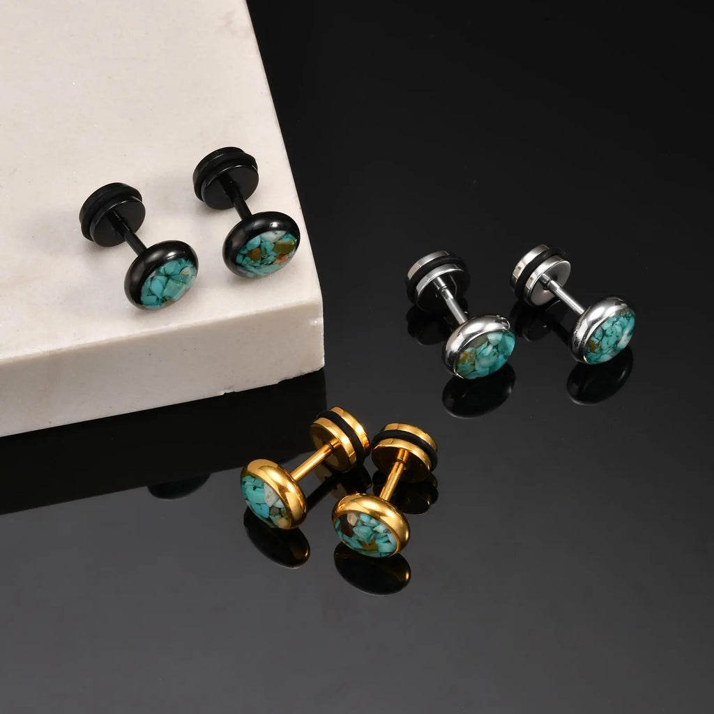 Natural Stone Stud Earrings for Men | Stainless Steel Plated Round Earring Gift